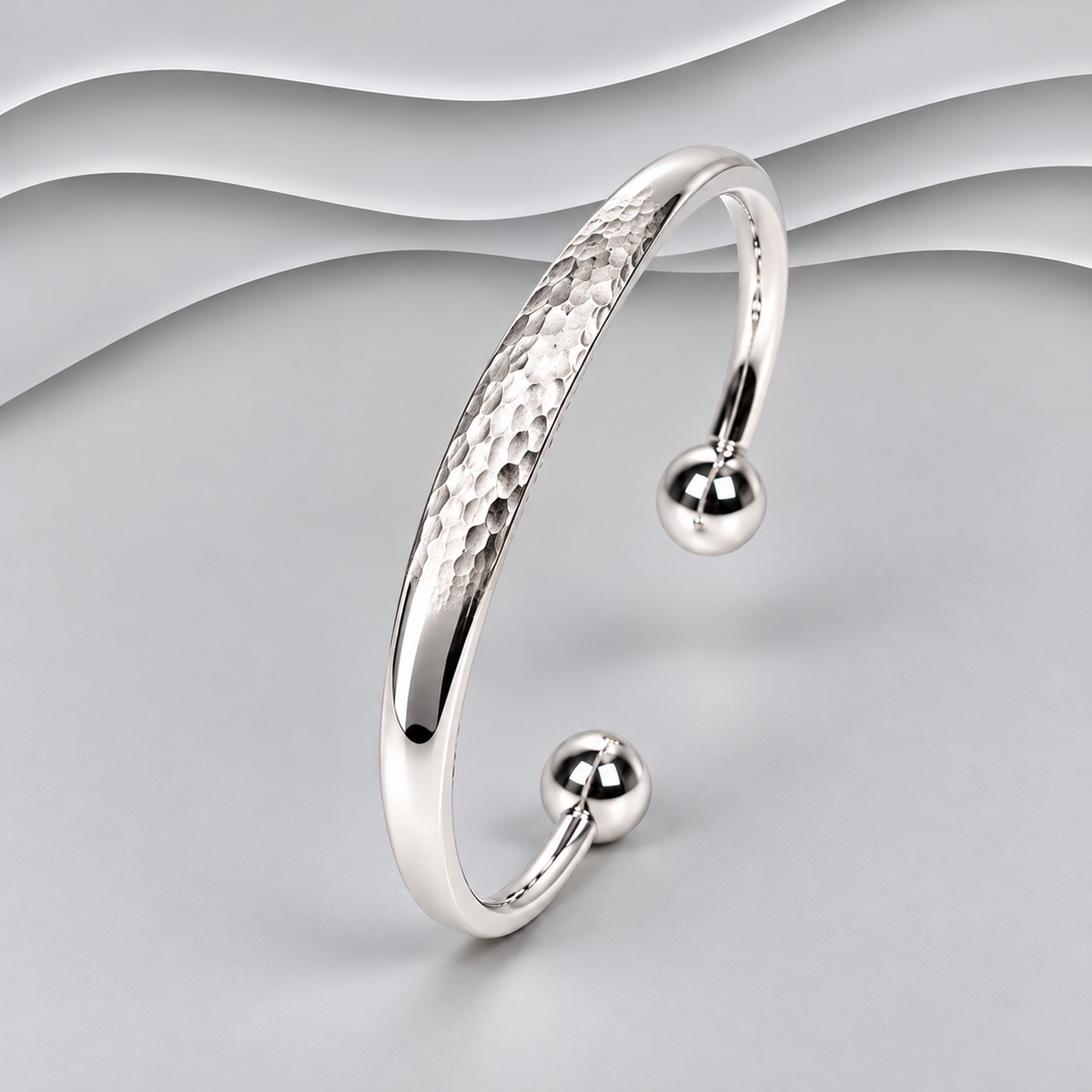 Solid 925 Sterling Silver Hammered Torque Bangle – Unisex