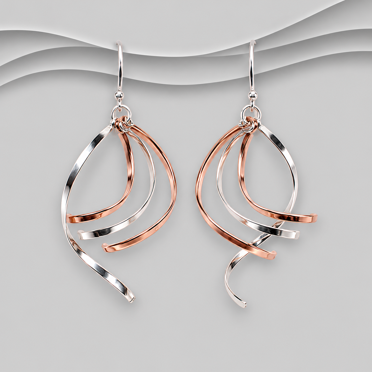 Designer Inspired 925 Sterling Silver & Rose Gold-Tone Spiral Drop Earrings