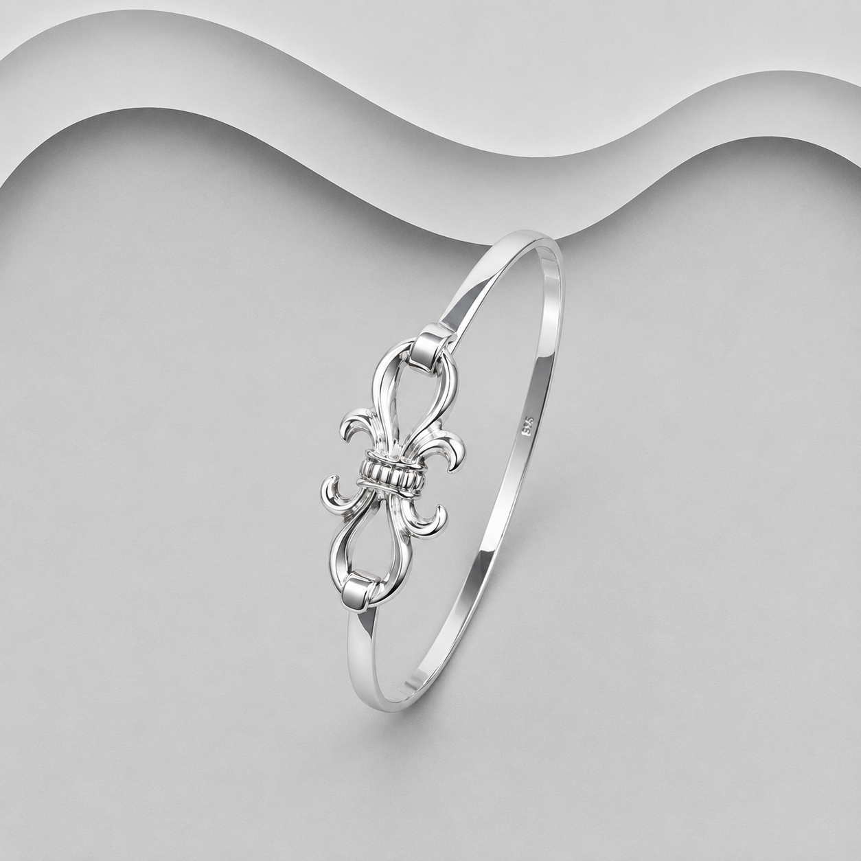 925 Sterling Silver Fleurs-de-lis Design Bangle. Hand Crafted Exclusive Design
