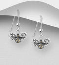 925 Sterling Silver Bee Hook Drop Earrings Decorated with Marcasite