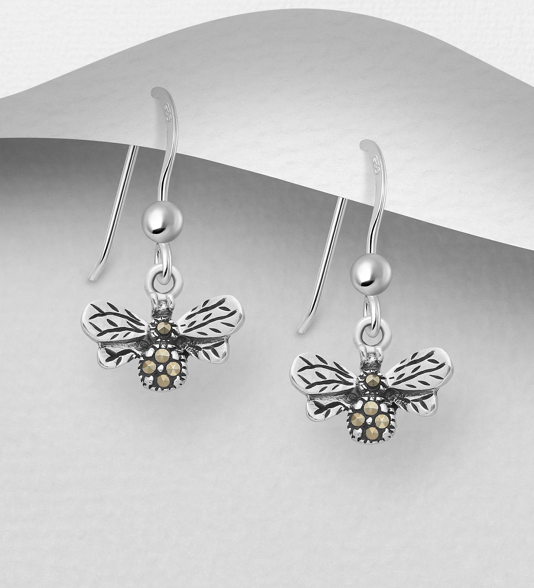 925 Sterling Silver Bee Hook Drop Earrings Decorated with Marcasite