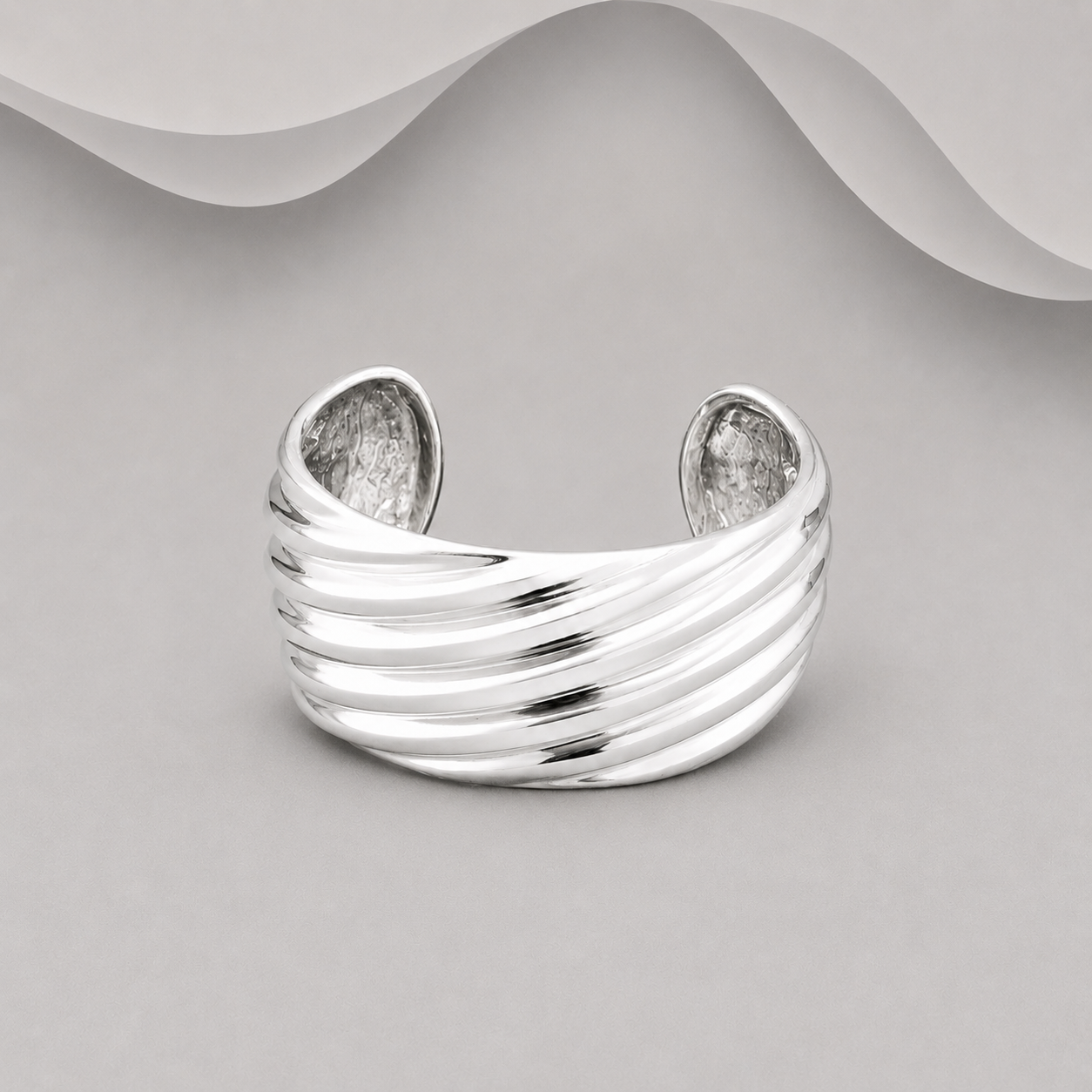 925 Sterling Silver Handcrafted Solid Ridged Cuff Bangle - 89gm