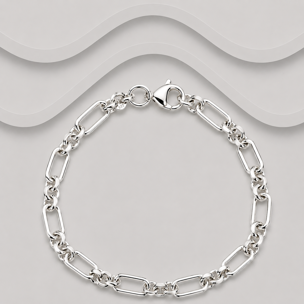 925 Sterling Silver Solid Oblong & Round Links Bracelet | 7.5" | Handcrafted Exclusive Design