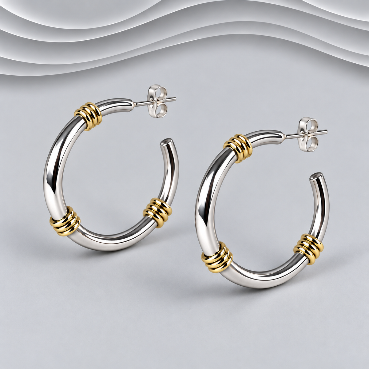 Solid 925 Sterling Silver Hoop Earrings with 18ct Elements