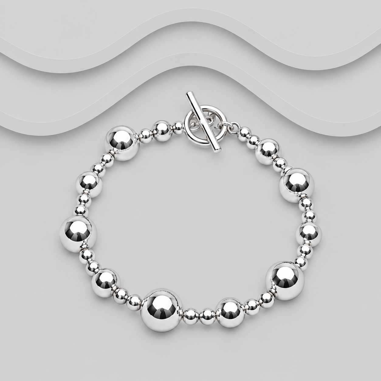 925 Sterling Silver Mixed Ball Bracelet with T-Bar Clasp