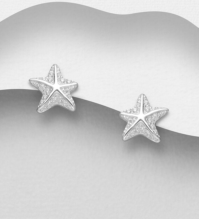 925 Sterling Silver Starfish Push-Back Earrings with CZ