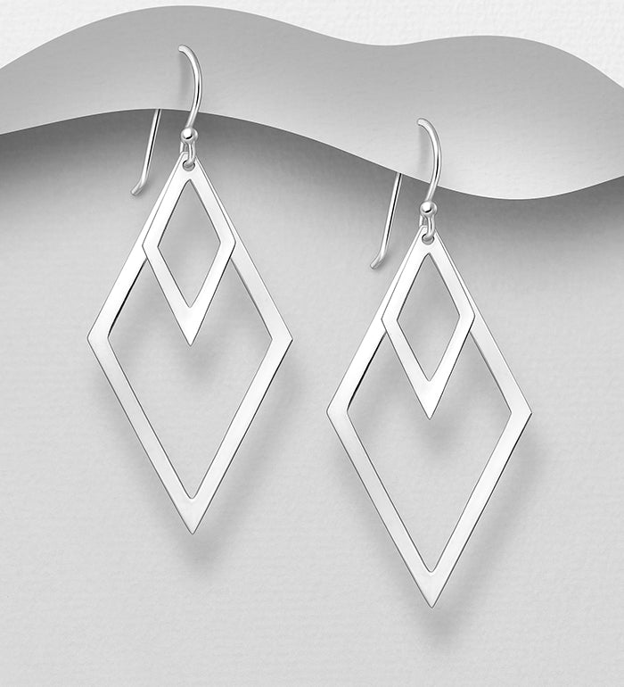 Handcrafted 925 Sterling Silver Rhombus Style Drop/Hook Earrings
