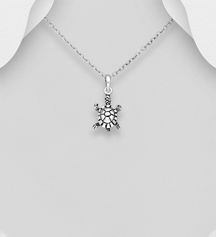 Solid 925 Sterling Silver Oxidized Small Turtle Pendant & Chain