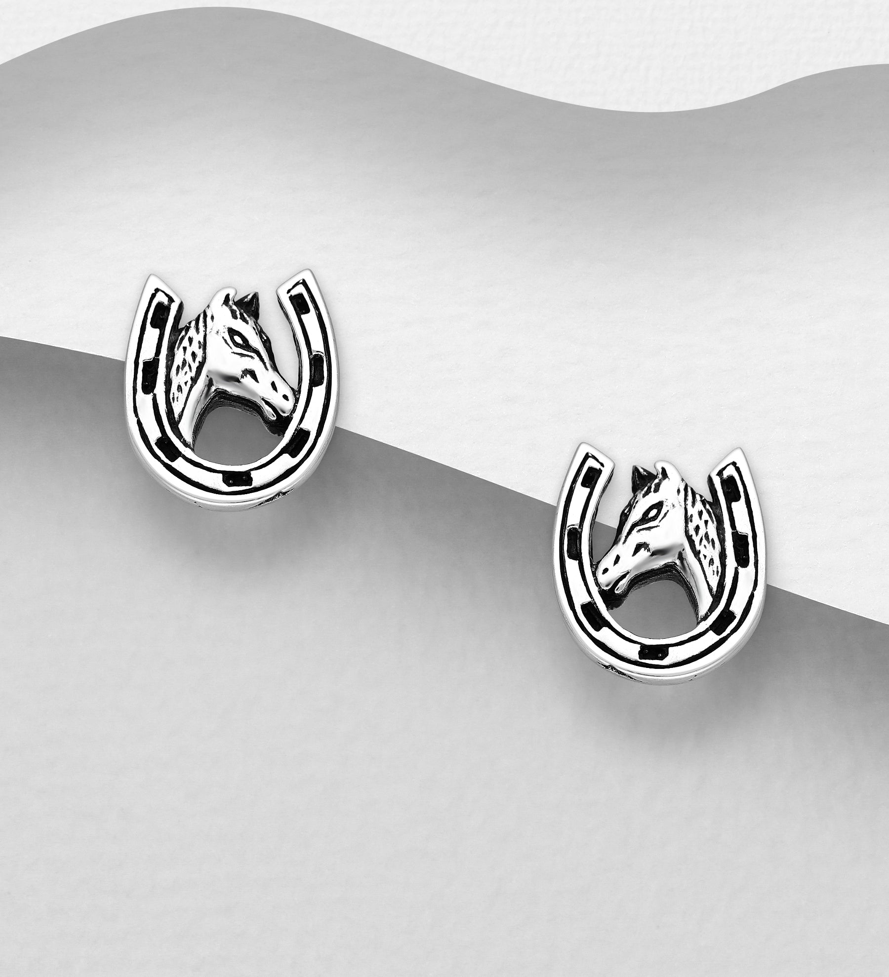 925 Sterling Silver Horse Head & Horseshoe Stud Earrings
