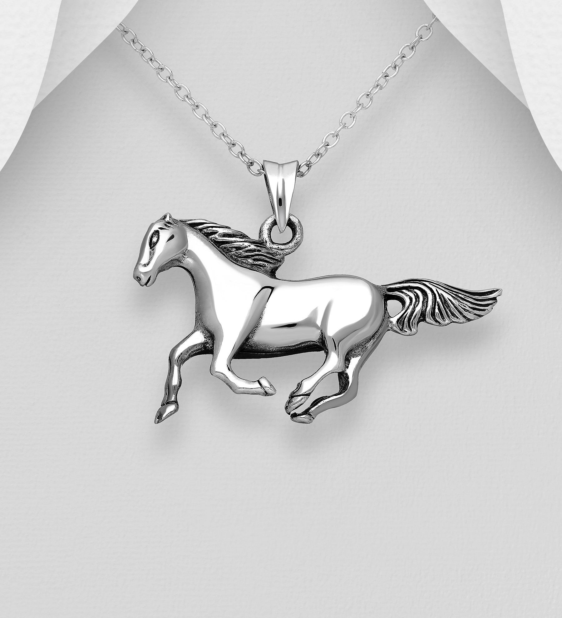Handcrafted 925 Sterling Silver Galloping Horse Pendant & Chain
