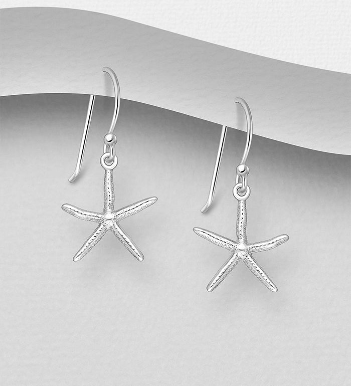 925 Sterling Silver Textured Starfish Hook/Drop Earrings