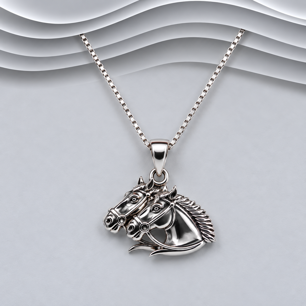 925 Sterling Silver Double Horse Heads Equestrian Pendant with Chain