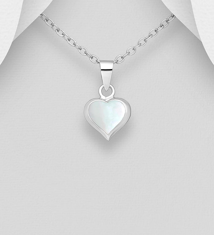 925 Sterling Silver Heart Pendant & Chain, Decorated with Abalone or Mother of Pearl Shell