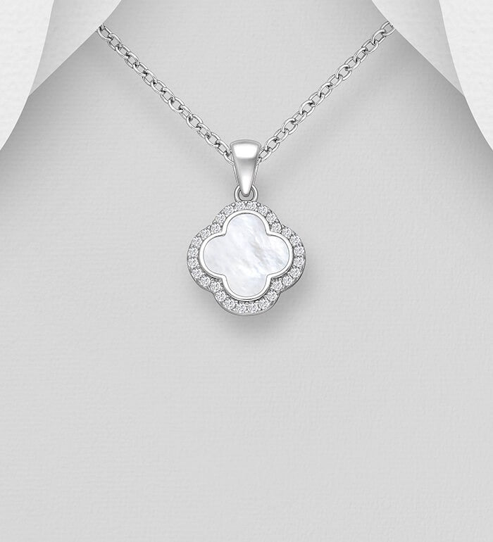 Van Cleef Inspired 925 Sterling Silver Clover Pendant & Chain with Mother of Pearl Shell