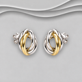 Two-tone 925 sterling silver knot stud earrings with three interwoven strands and a yellow gold centre strand