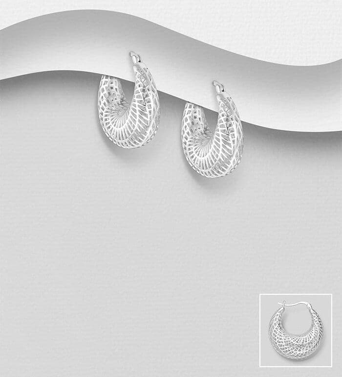 925 Sterling Silver 10mm Wide Filigree Hinged-Back Hoop Earrings