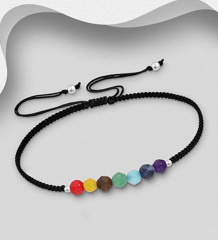 925 Sterling Silver Adjustable Chakra Bracelet, Beaded with Gem Stones: In 4 colours
