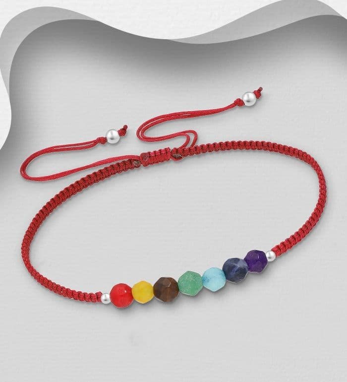 925 Sterling Silver Adjustable Chakra Bracelet, Beaded with Gem Stones: In 4 colours