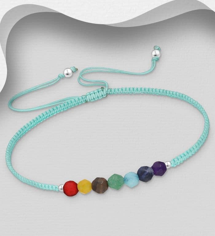 925 Sterling Silver Adjustable Chakra Bracelet, Beaded with Gem Stones: In 4 colours