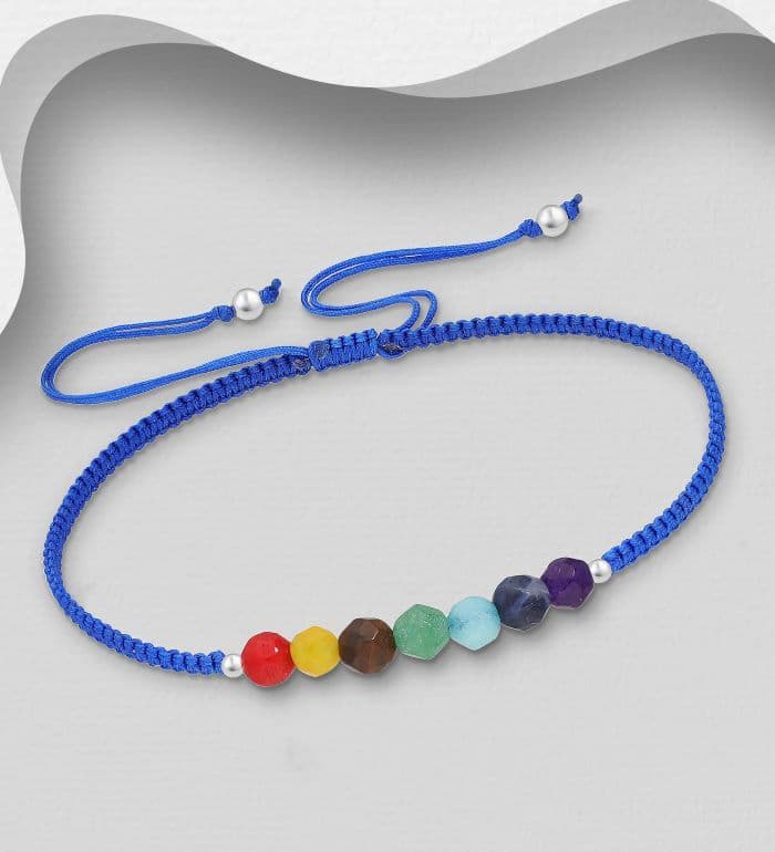 925 Sterling Silver Adjustable Chakra Bracelet, Beaded with Gem Stones: In 4 colours