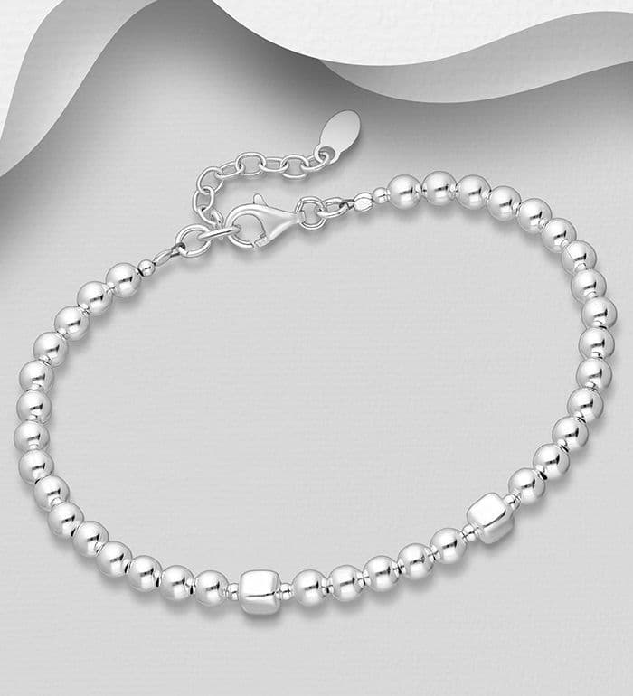 925 Sterling Silver Ball and Cubic Bead Bracelet - 4mm Ball