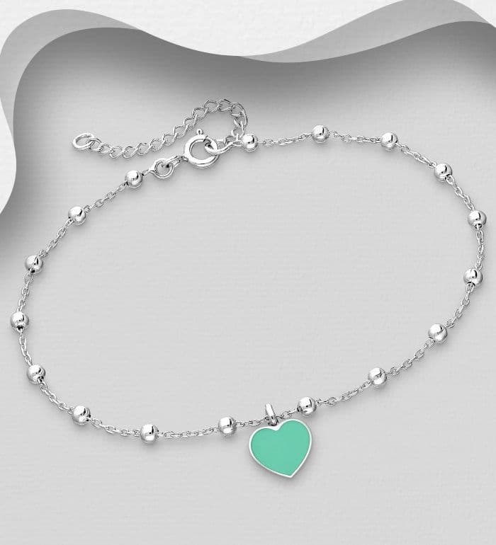 925 Sterling Silver Ball Bracelet and Heart Decorated with Pink or Turquoise Colour Enamel