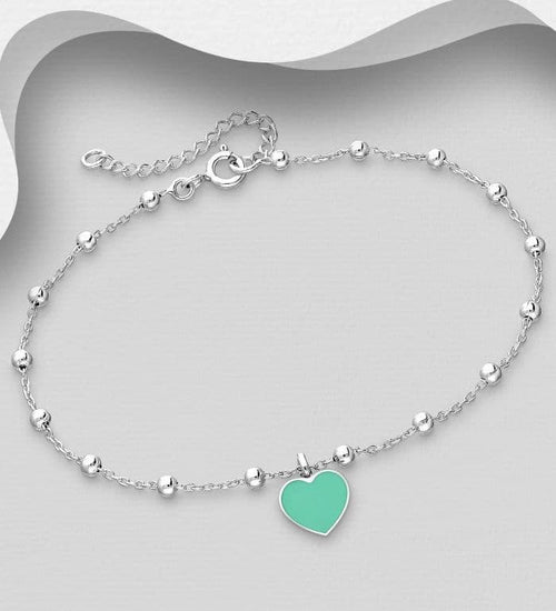 925 Sterling Silver Ball Bracelet and Heart Decorated with Pink or Turquoise Colour Enamel
