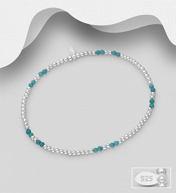 925 Sterling Silver Ball Elastic Bracelet, Beaded with Simulated Turquoise