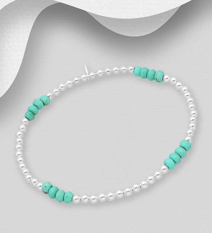 925 Sterling Silver Ball Elastic Bracelet with Simulated Turquoise Beads