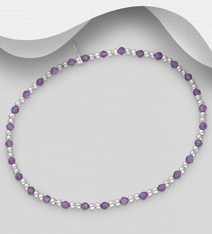 925 Sterling Silver Ball Elastic Bracelet Available in Amethyst & Malachite