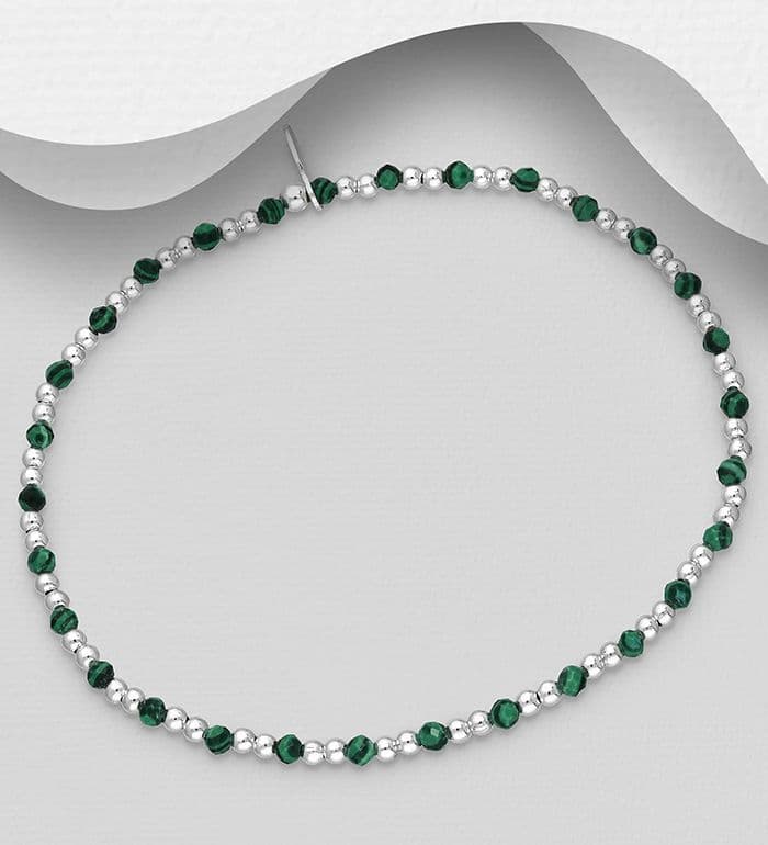 925 Sterling Silver Ball Elastic Bracelet Available in Amethyst & Malachite
