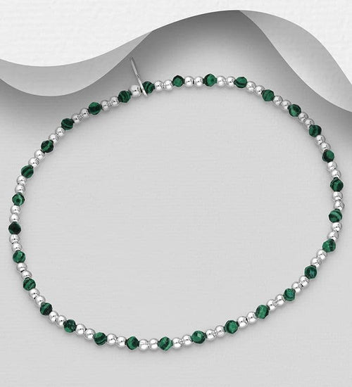 925 Sterling Silver Ball Elastic Bracelet Available in Amethyst & Malachite