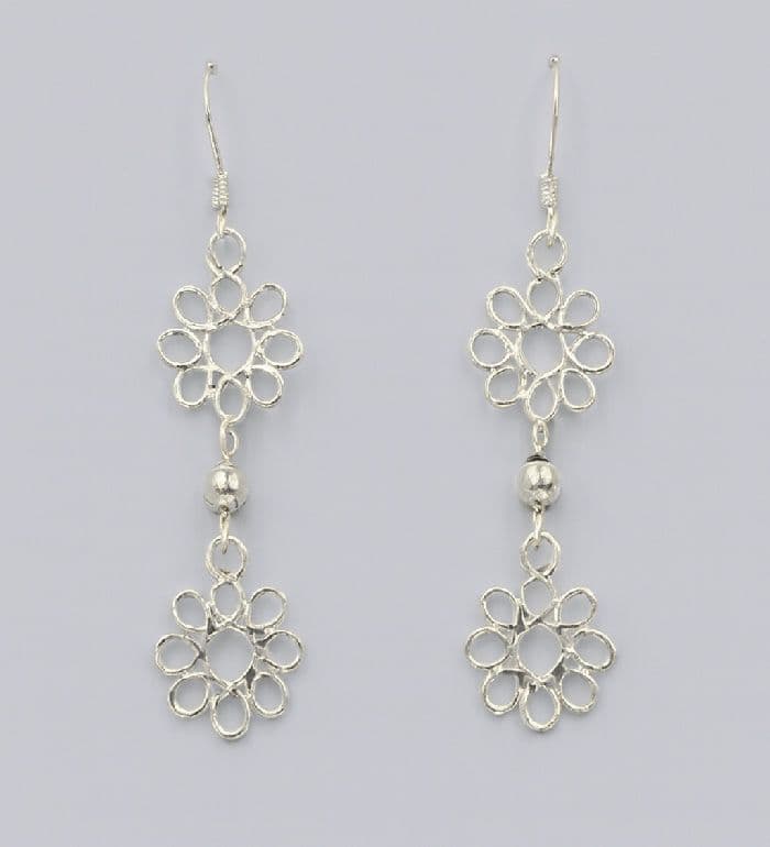 925 Sterling Silver Beautiful Double Flower Hook/Drop Earrings