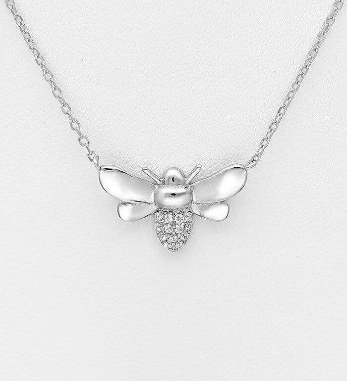 925 Sterling Silver Bee Necklace, Decorated with CZ Simulated Diamonds 41.9 - 44.4cm
