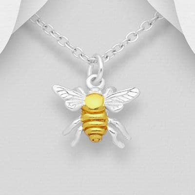 925 Sterling Silver Bee Pendant & Chain, Body Plated with 1 Micron 18K Yellow Gold