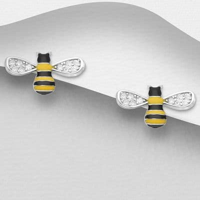 925 Sterling Silver Bee Stud Earrings decorated with  Enamel