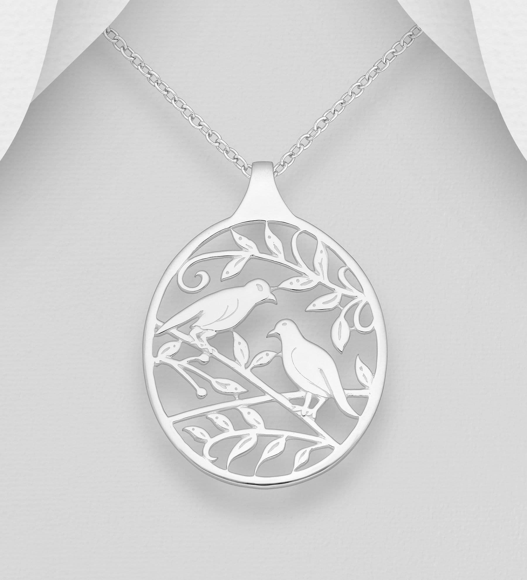 925 Sterling Silver Love Bird & Open Leaf Pendant and Chain