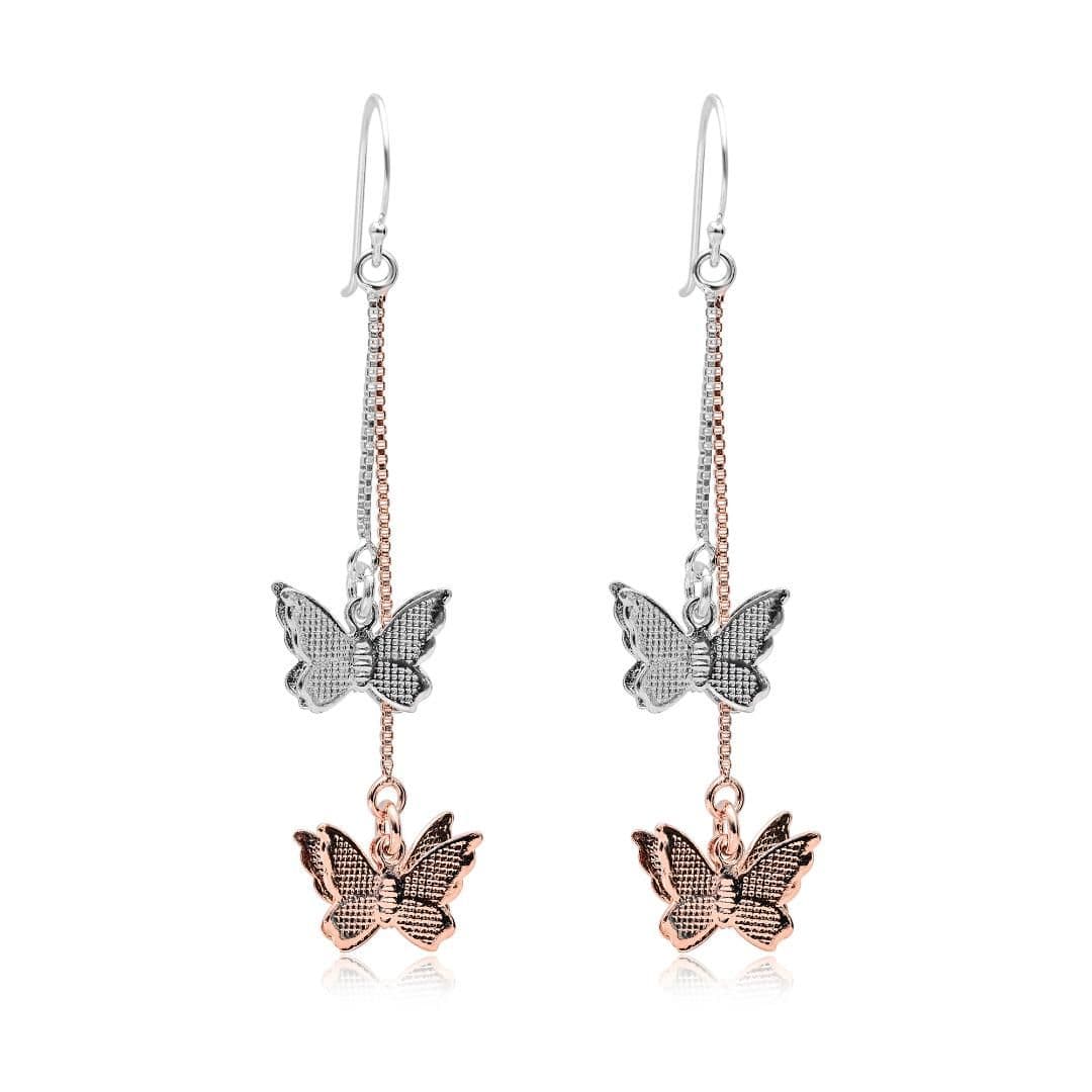 925 Sterling Silver Butterfly Drop Earrings, With 18K Pink Gold