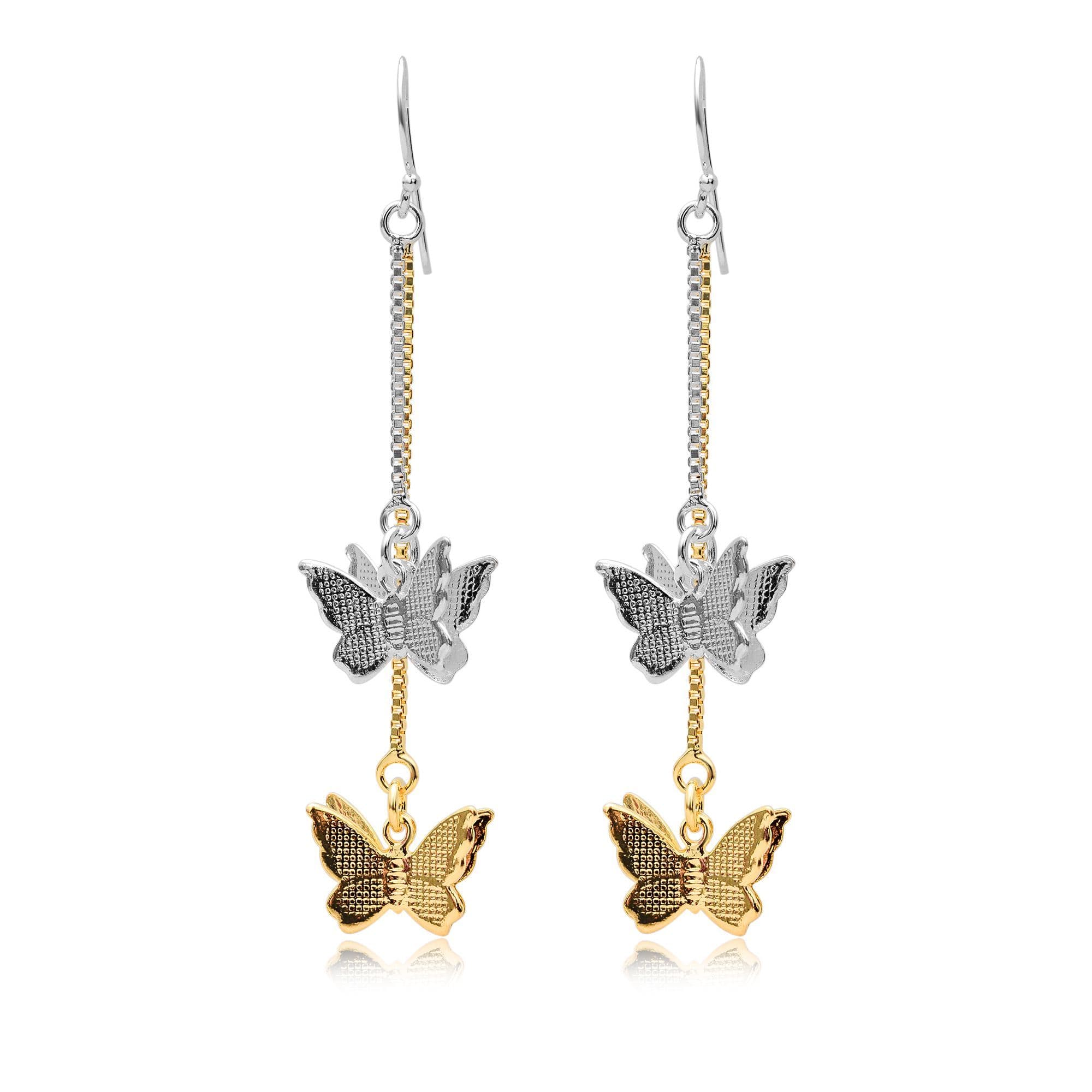 925 Sterling Silver Butterfly Drop Earrings, With 18K Yellow Gold