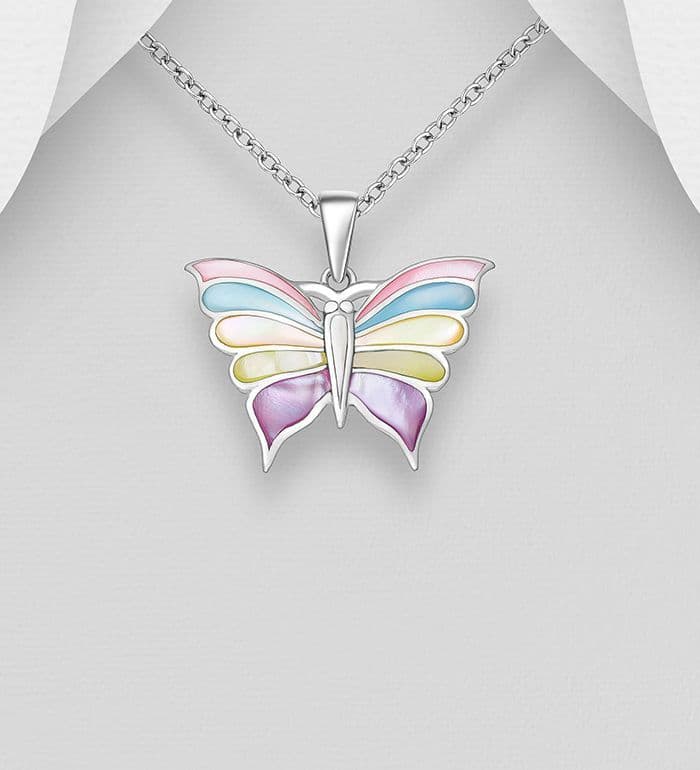 925 Sterling Silver Butterfly Pendant & Chain,  Adorned With a Choice of Abalone or Mother of Pearl