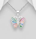 925 Sterling Silver Butterfly Pendant& Chain, Decorated with Colourful Shell