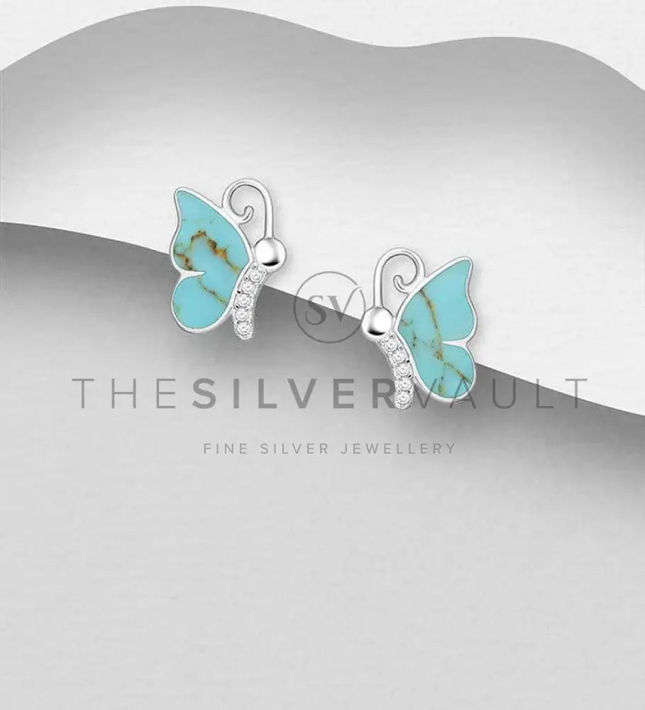 )925 Sterling Silver Butterfly Push-Back Earrings Resin and Decorated with CZ Simulated Diamonds