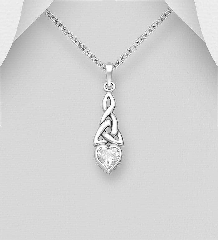 925 Sterling Silver Celtic Heart Pendant & Chain with CZ Simulated Diamond Accents