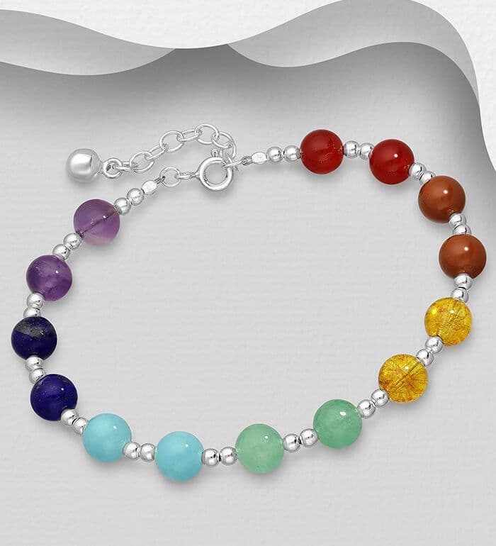 925 Sterling Silver Chakra and Ball Bracelet, Beaded with  Gemstones