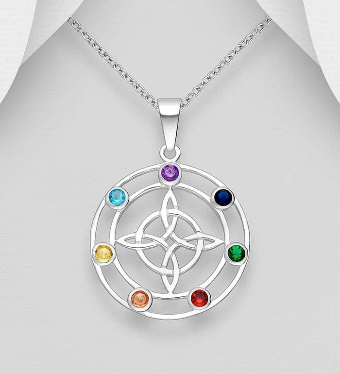 925 Sterling Silver Chakra and Celtic Witches Knot Pendant & Chain, Decorated with CZ  Stones