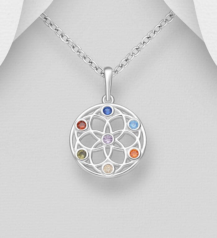 925 Sterling Silver Chakra Pendant & Chain, Decorated with CZ Simulated Diamonds