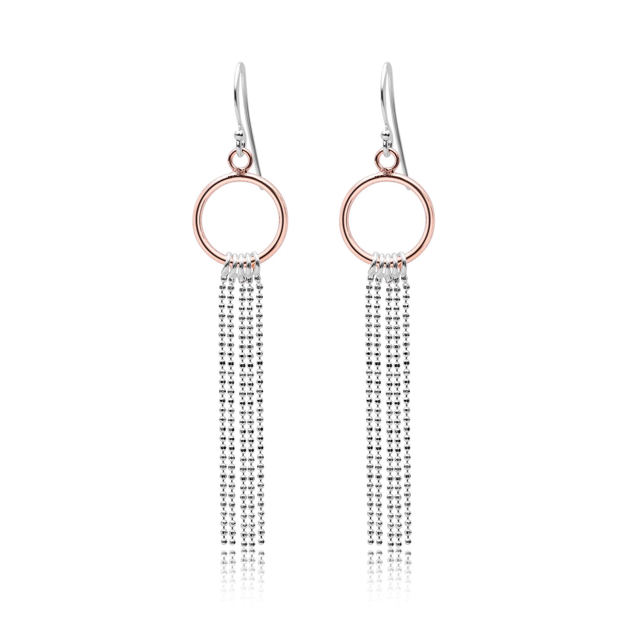 925 Sterling Silver Circle & Chain Drop Earrings, With 18K Pink Gold