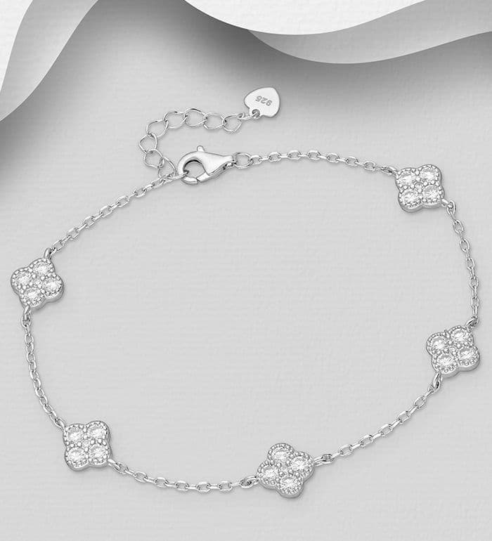 925 Sterling Silver Clover Bracelet, Decorated with CZ Simulated Diamonds