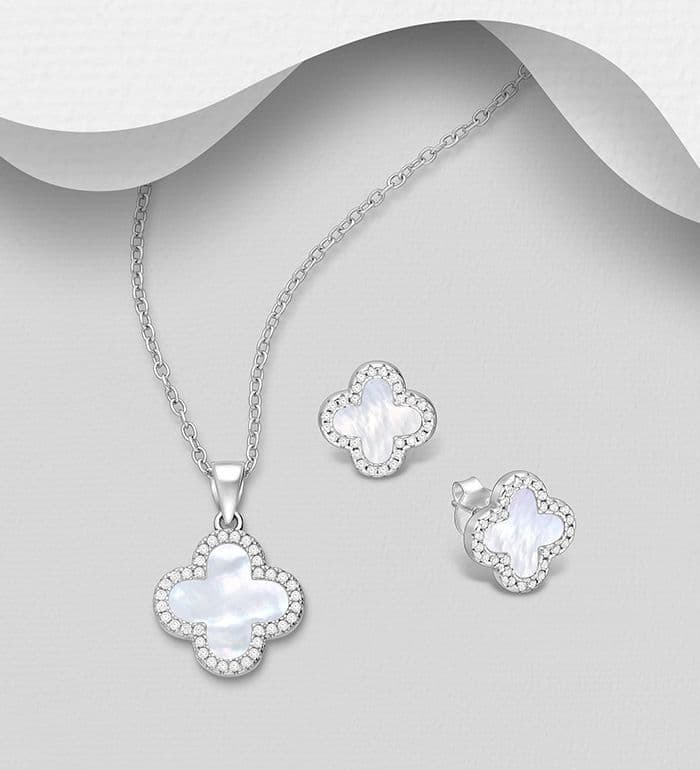 925 Sterling Silver Clover Earrings & Pendant Jewelry Set, Adorned with Shell & CZ  Diamonds