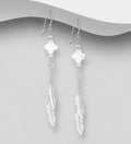 925 Sterling Silver Clover, Feather and Chain Link Hook/Drop Earrings, Beaded with Shell